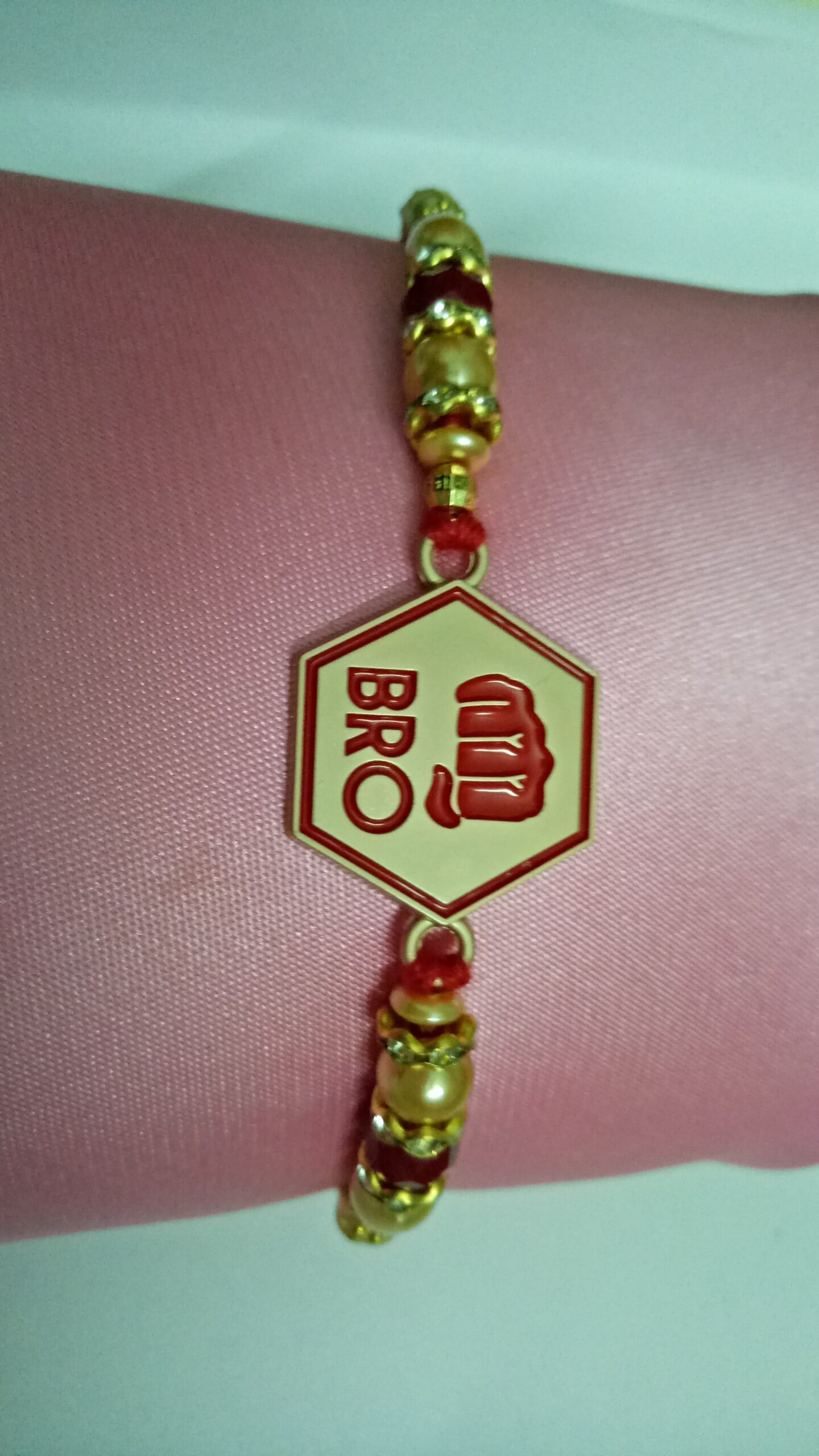 Metallic Bro Rakhi with Roli, chandan, rice & Misri - Image 2